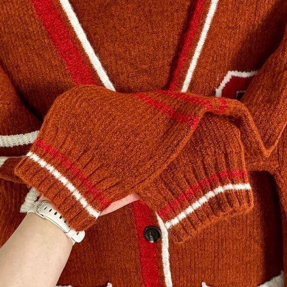 NEW Nordstrom 2022 Varsity Cardigan Rust Brown Oversized Chunky Knit Size Large - Picture 7 of 14